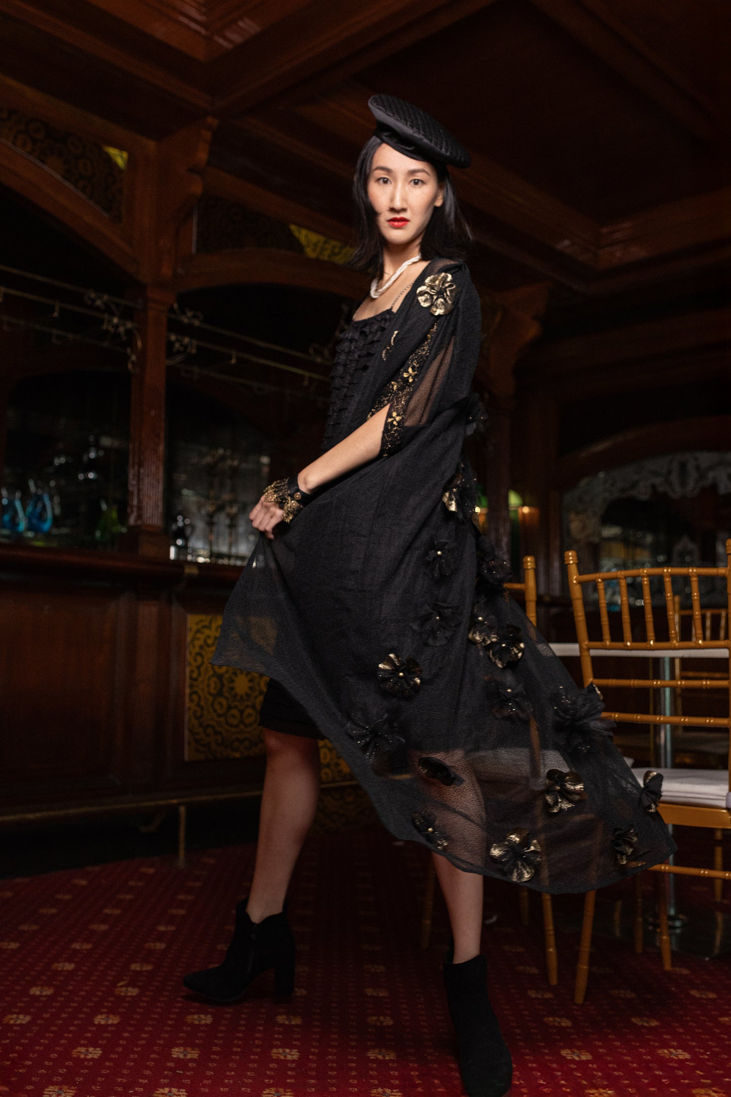 Black Mesh Kimono with Handmade Flowers