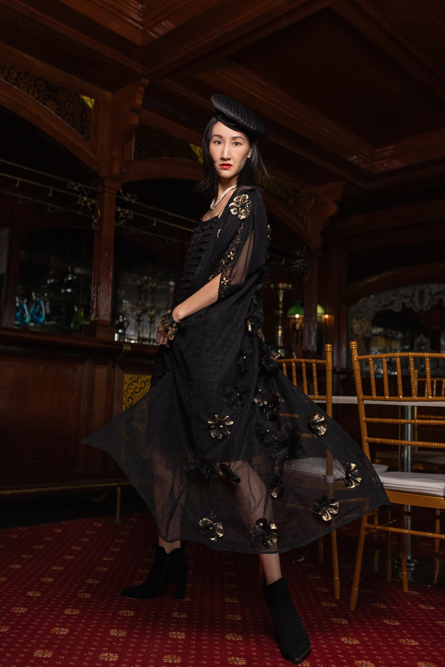 Black Mesh Kimono with Handmade Flowers